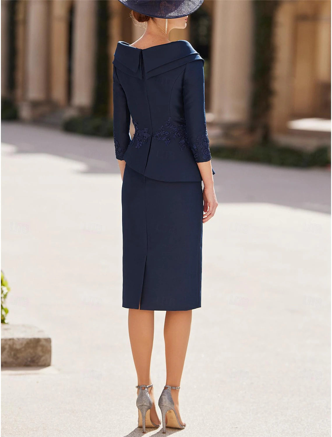 Buyishang Sheath Mother of the Bride Dress Formal Wedding Guest Elegant Vintage V Neck Tea Length Satin 3/4 Length Sleeve with Appliques free custom size